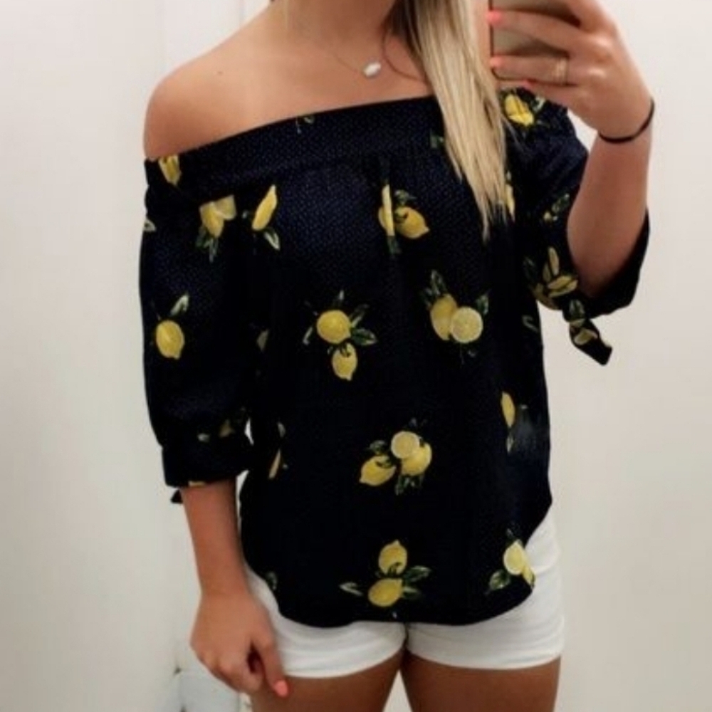 Mine Womens Off The Shoulder Navy Blue Yellow Lemon Top Blouse Crinkle Tie S